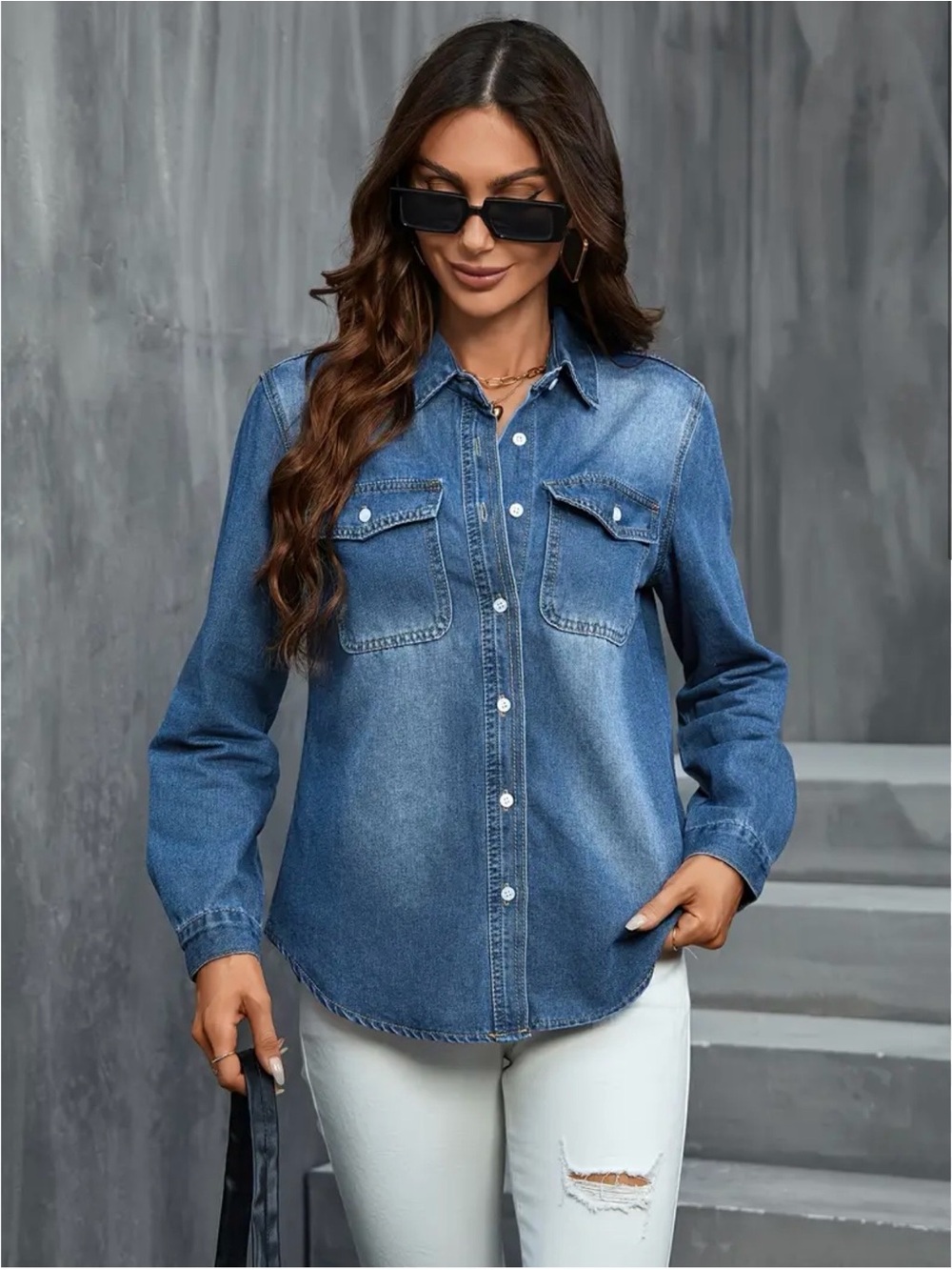 AvaCostume Women Denim Shirt Size M Blue Long Sleeve Snap Button Western Blouse